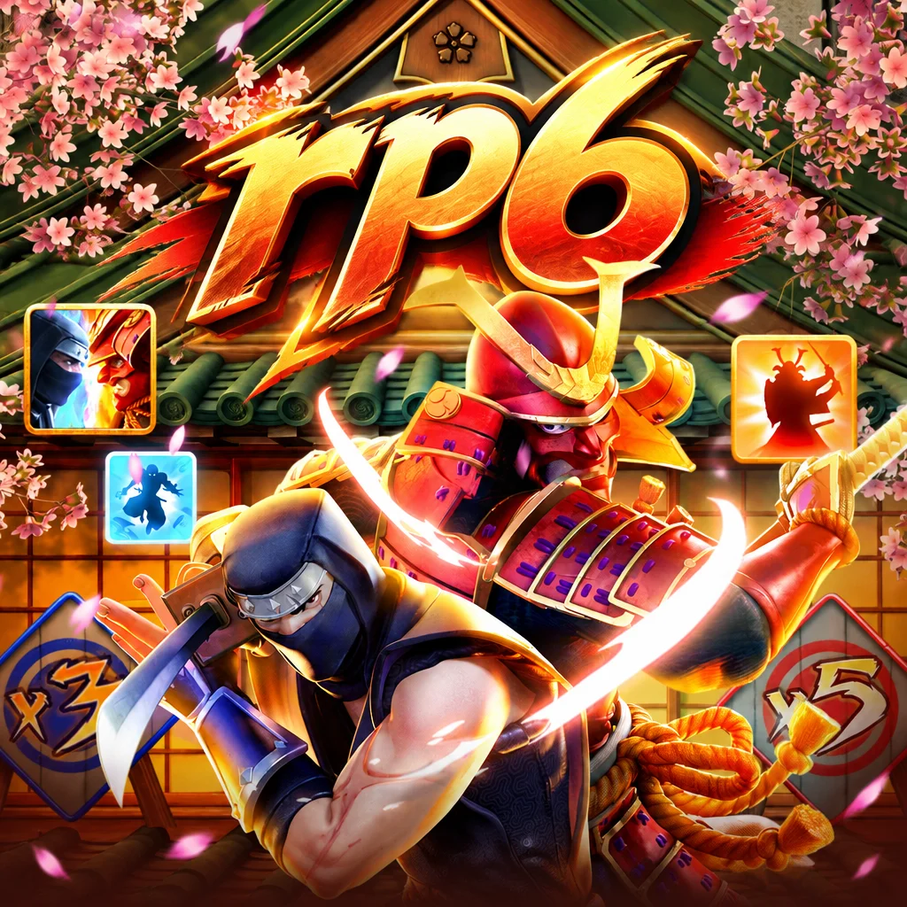 Pertarungan aksi antara karakter ninja dan samurai berlatar kastil Jepang kuno dengan logo rp6