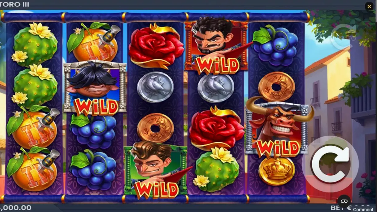 Tampilan visual slot Wild Toro 3 dengan tema banteng Spanyol