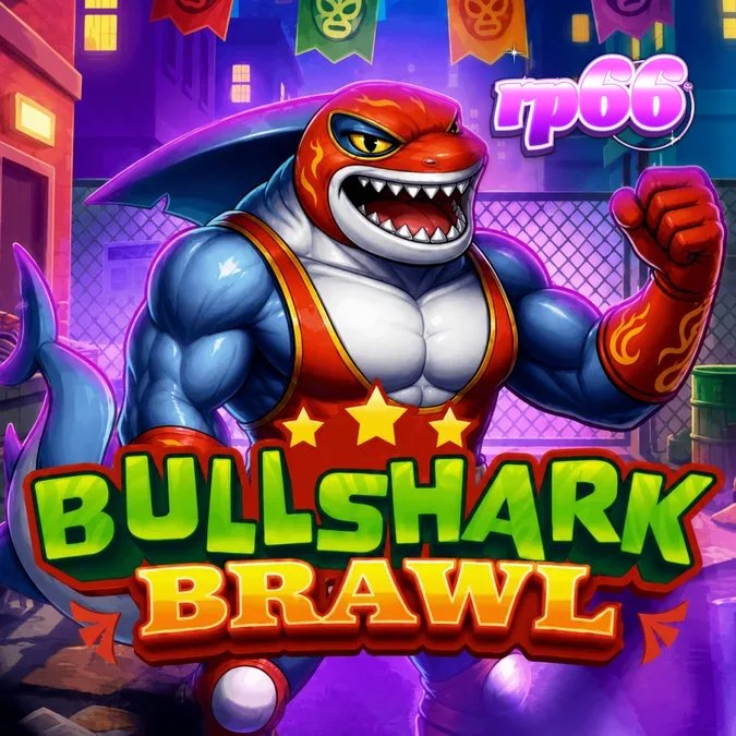 Tampilan visual slot Bullshark Brawl dengan tema gulat hiu yang penuh warna dan energik.